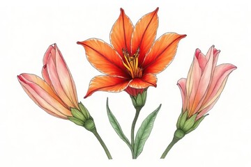 Detailed Illustration of Orange and Peach Lilies with Botanical Accuracy