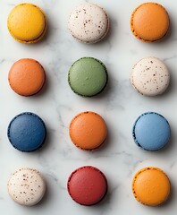 Obraz premium Colorful French macarons arranged in rows on marble background, including yellow, white, orange, green, blue and red varieties, shot from above with soft lighting.