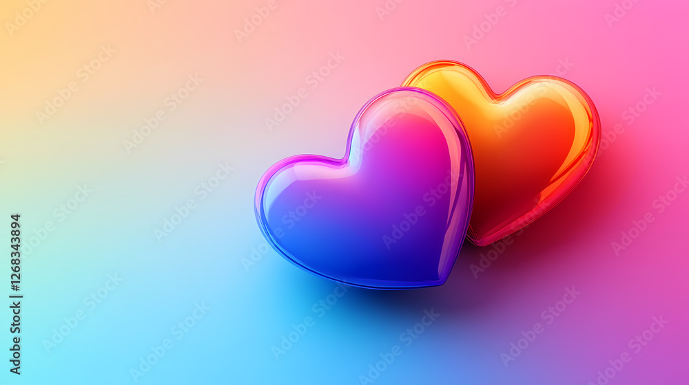 Poster two shiny hearts in gradient colors against a soft background