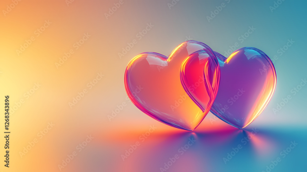 Poster two overlapping heart-shaped glass objects with glossy reflections on a blue and yellow background