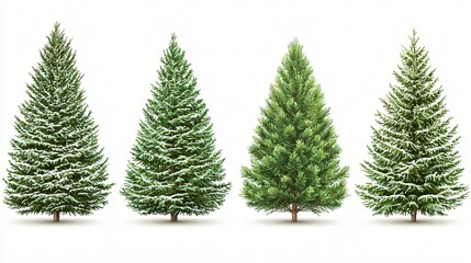 Four snow-covered and green fir trees on white. Holiday card design