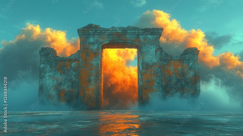 Poster surreal sky gate opening to a dramatic landscape with clouds and light rays in a fantasy setting
