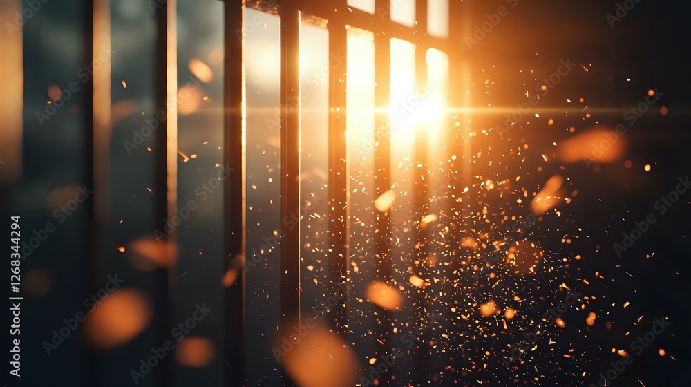 Poster dramatic sunlight streaming through window blinds creating atmospheric dust particles and golden bok