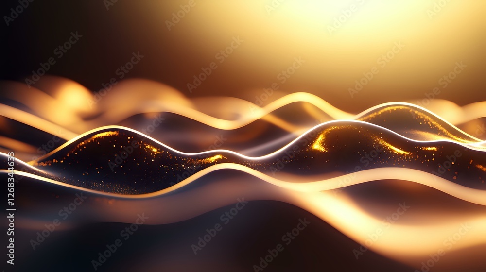 Poster glowing golden waves with particles flow in dark space creating abstract dynamic background. futuris