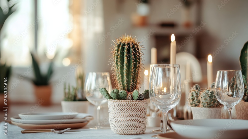 Poster elegant dining table setting with cactus and candles in soft light