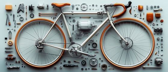Bicycle top view, artistic generative AI illustration, showing parts such as wheels, pedals, handlebars, and frame, detailed and beautifully arranged layout