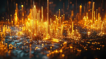 Glowing golden light pillars rising from digital cityscape, abstract futuristic technology background with bokeh effect and illuminated data visualization.