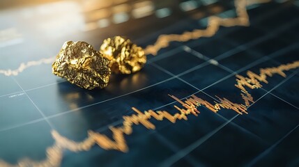 Raw gold nuggets on financial chart background showing market price dynamics and trading graph. Concept of precious metal investment and commodity market.