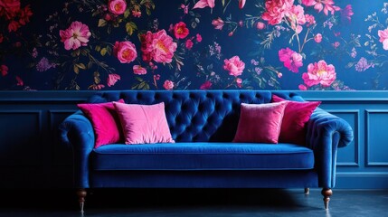 Blue velvet couch with pink pillows against floral wallpaper