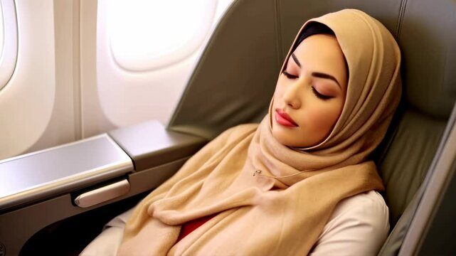 Wealthy Middle eastern woman wearing a hijab sleeping flying in first class	
