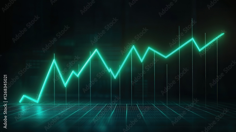 Poster neon bitcoin graph with a glowing green line rising upward, representing the rapid increase in crypt