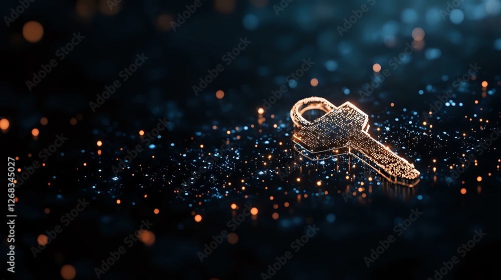Poster golden vintage key floating in dark space with magical glowing particles and bokeh lights creating m