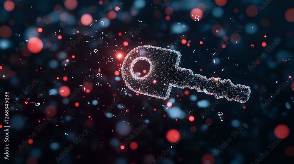 Poster digital key silhouette floating in dark space with red and blue bokeh lights, glowing particles crea