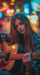 Fototapeta premium Girl Playing Acoustic Guitar Under City Lights