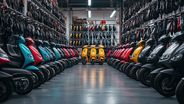 Scooters Showroom: Rows of Colorful Motor Scooters Await, Modern Transportation Options Displayed Inside.