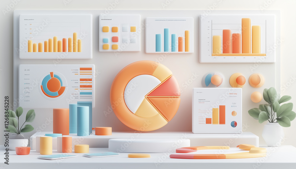 Poster visualization charts and graphs representing business statistics and financial performance.