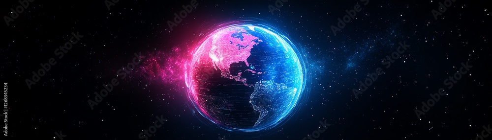 Poster earth glowing with surrounding data streams, symbolizing worldwide communication, digital connectivi