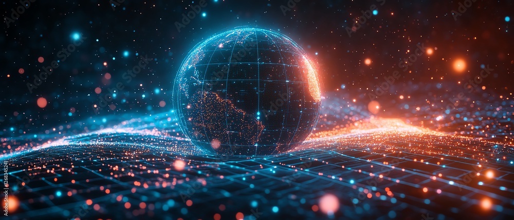 Poster digital earth surrounded by glowing data streams, representing worldwide data communication and glob