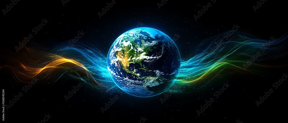 Poster earth with data streams flowing around it, symbolizing worldwide connectivity, digital communication