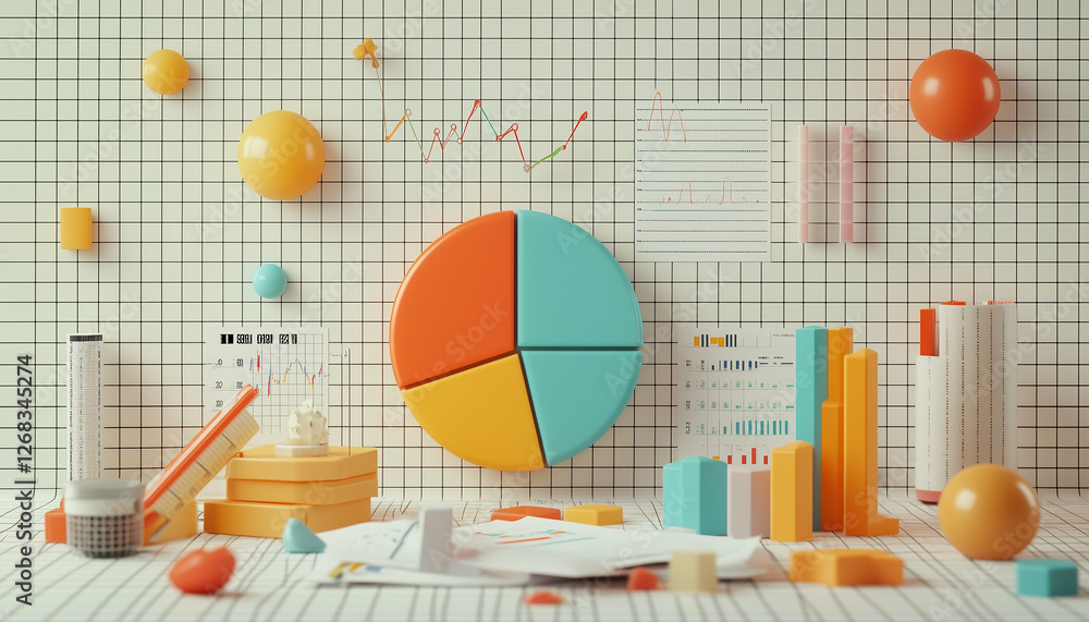 Fototapete Colorful 3D Render of Business Charts and Graphs on Grid Background