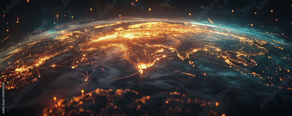 Poster earth illuminated by dynamic data streams, symbolizing global connectivity, worldwide data communica