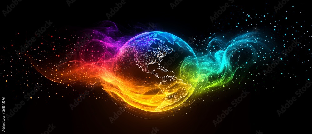 Poster earth with data streams flowing around it, symbolizing worldwide connectivity, digital communication