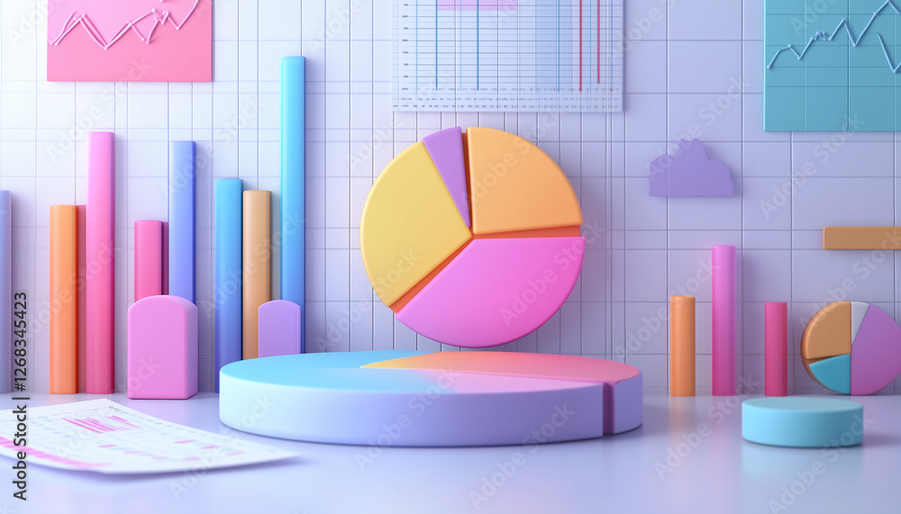 Poster pastel colored 3d render of various charts and graphs for data visualization and business presentati