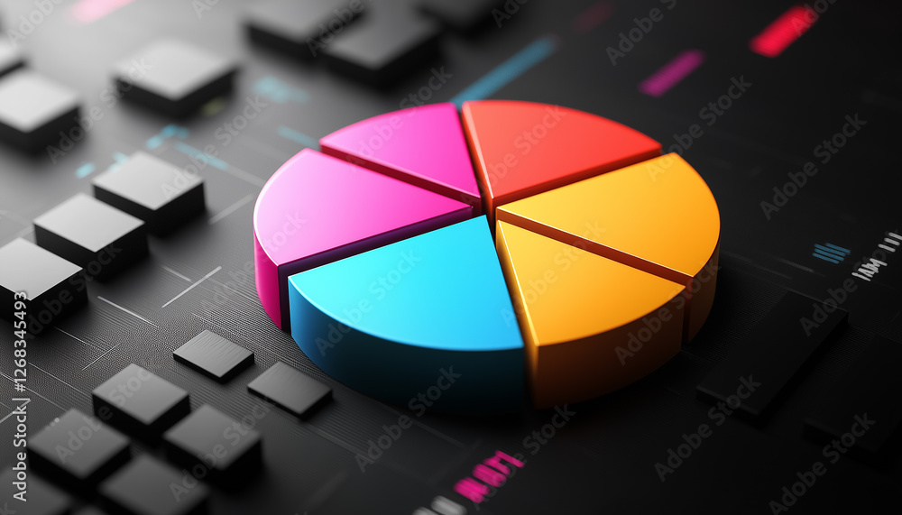 Poster colorful 3d pie chart data visualization on dark tech background