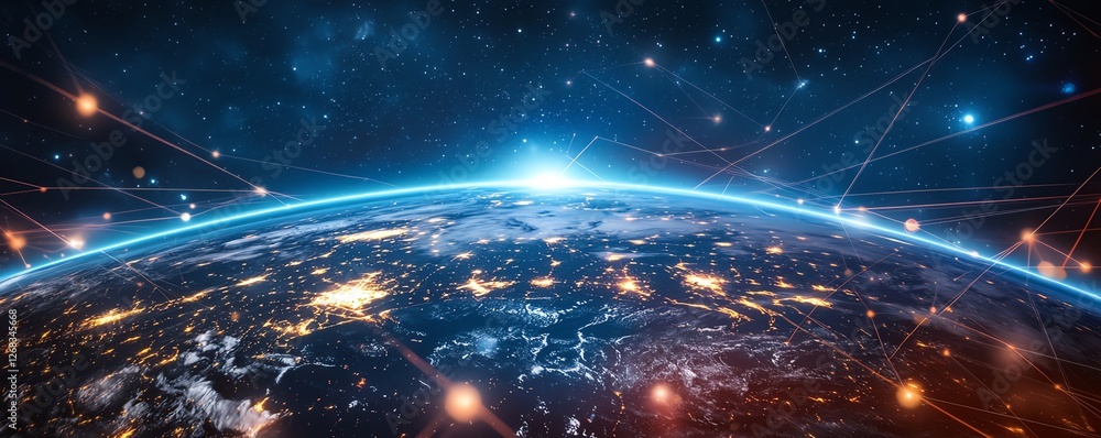 Poster global earth map with data streams surrounding it, symbolizing worldwide data exchange, digital comm