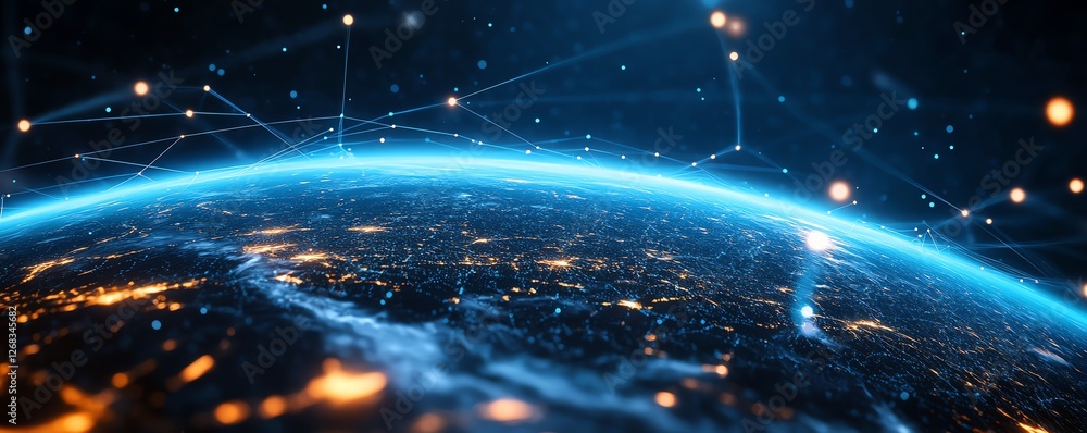 Poster global earth map with data streams surrounding it, symbolizing worldwide data exchange, digital comm