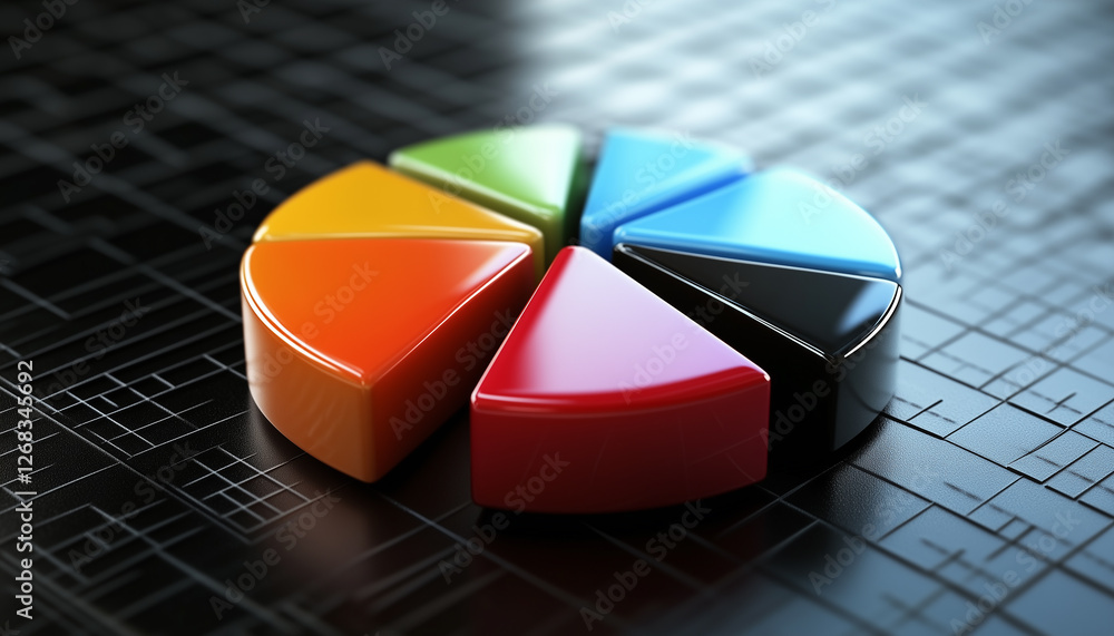 Poster a colorful 3d pie chart representing data segmentation and market share analysis