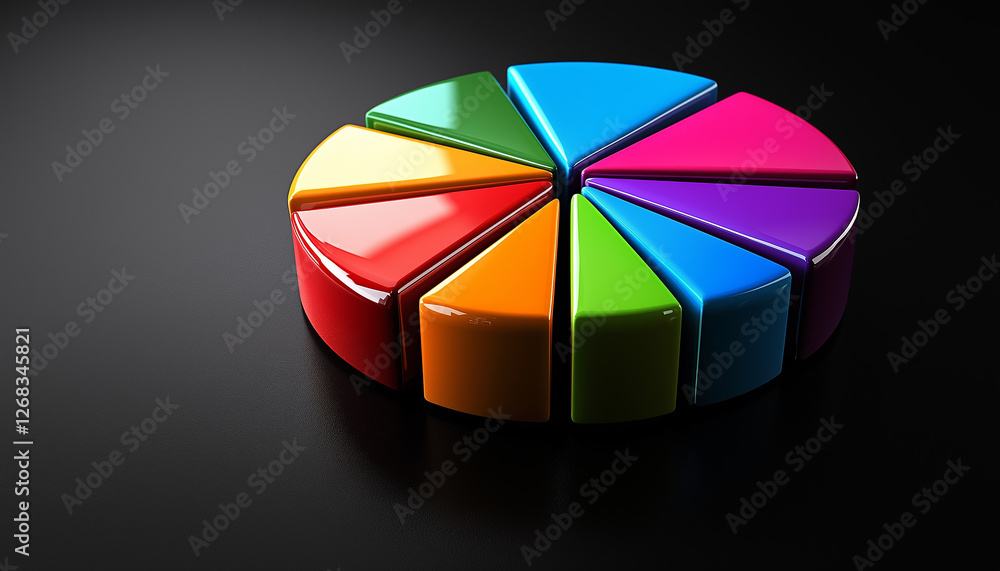 Poster a vibrant tensegment pie chart showcasing data visualization in a 3d rendering on a dark background