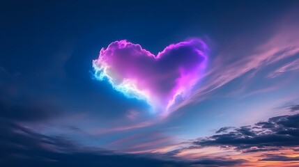 Magical heart-shaped aurora borealis glowing in pink and blue colors against dramatic sunset sky with wispy clouds, creating romantic atmosphere.