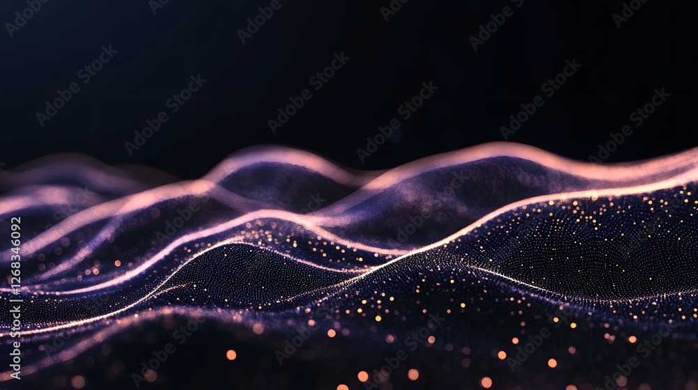 Poster abstract waves of light and particles in dark background