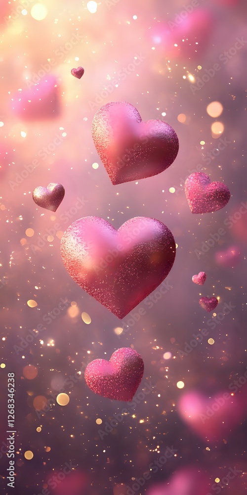 Poster glowing pink hearts floating in dreamy atmosphere with sparkles and bokeh lights against soft gradie