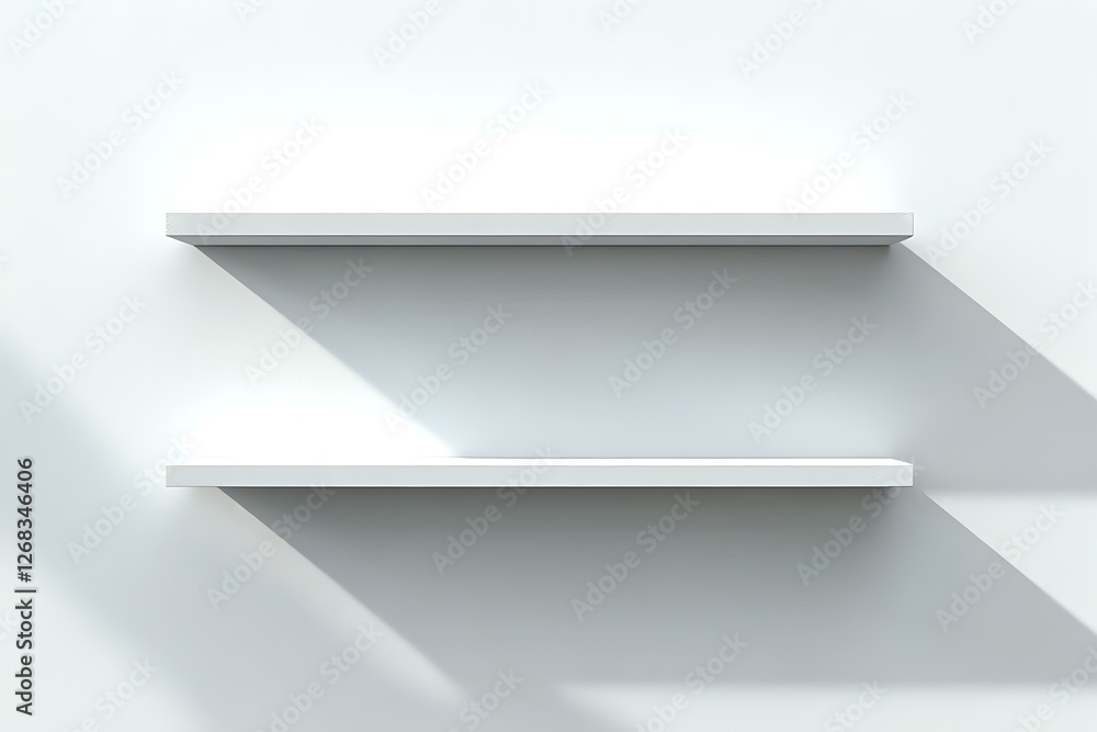 Poster empty white floating shelves casting diagonal shadows on light wall, minimalist modern interior desi