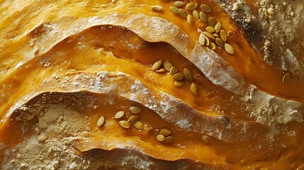 Fresh baked golden brown bread crust with sesame seeds, close up view showing texture and layersisanal baking detail.