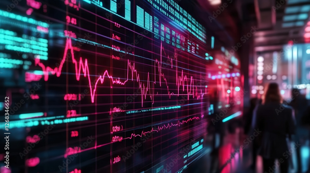 Poster glitching holographic heart rate visuals flicker above a trading hub, each erratic pulse syncing wit