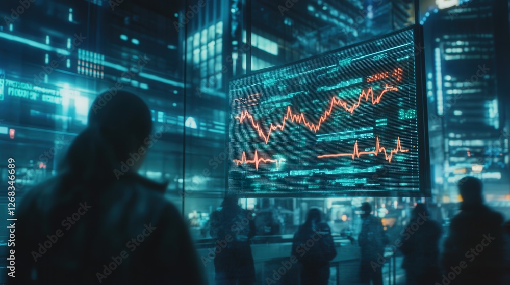 Aufkleber glitching holographic heart rate visuals flicker above a trading hub, each erratic pulse syncing wit