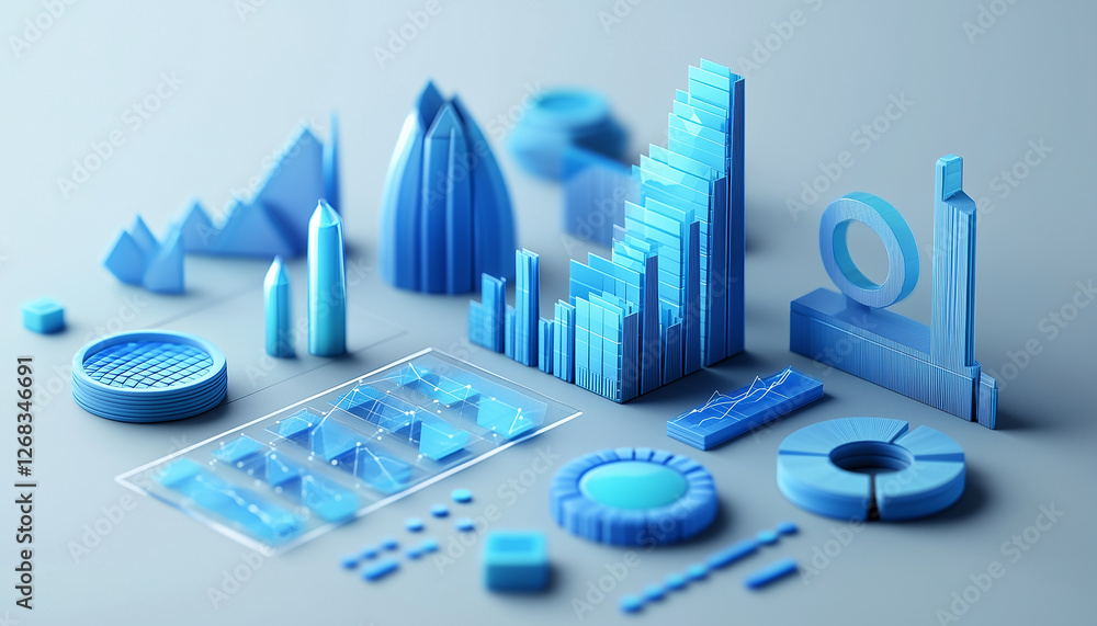 Poster abstract 3d blue data visualization showing charts graphs and diagrams