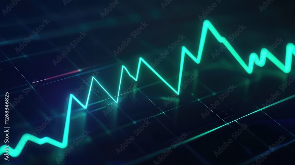 Poster neon bitcoin graph with an upward-moving green line, illustrating the digital currency increasing va