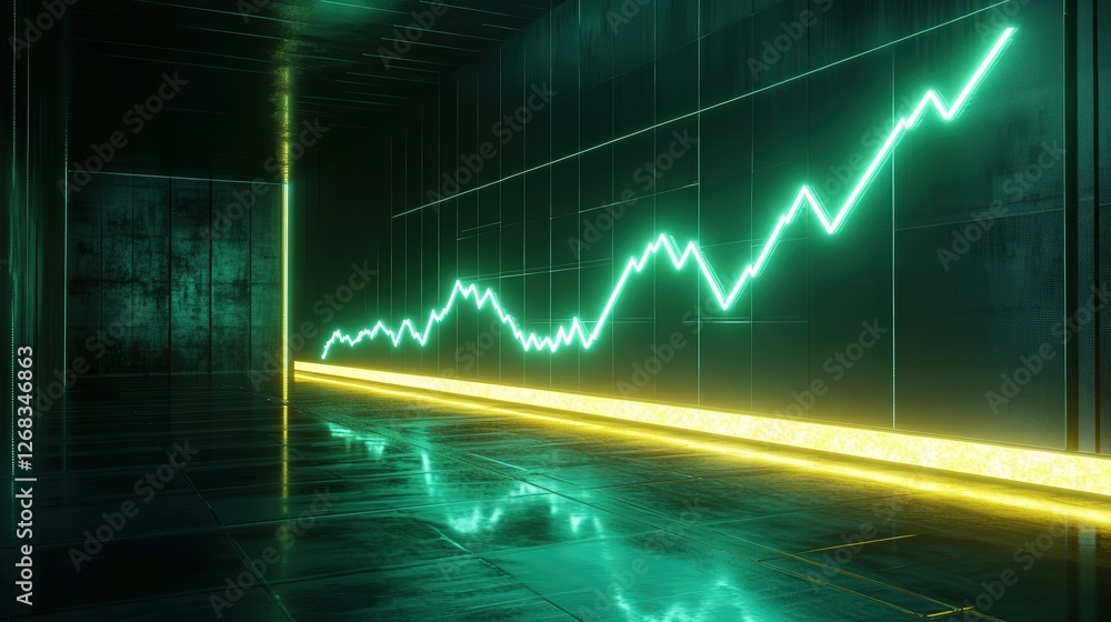 Poster neon bitcoin graph with an upward-moving green line, illustrating the digital currency increasing va