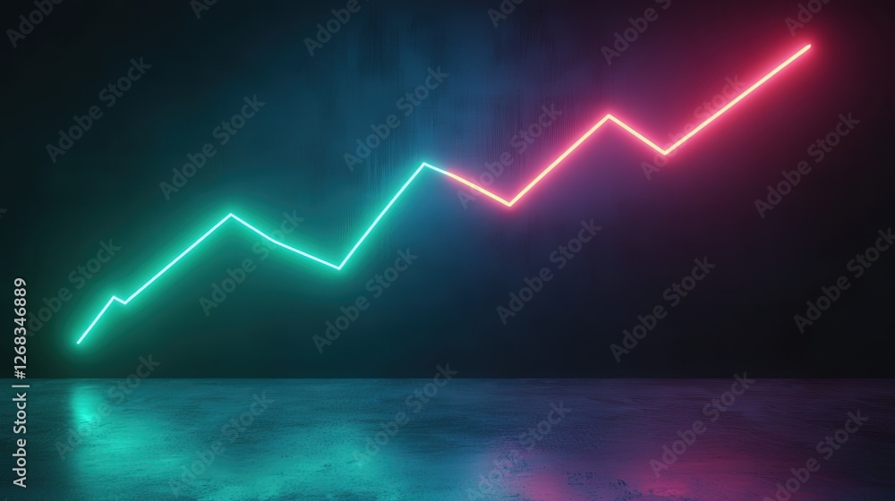 Poster neon bitcoin graph with an upward-moving green line, illustrating the digital currency increasing va