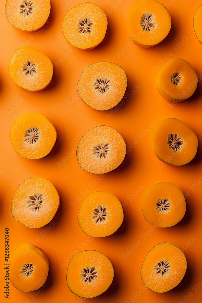 Poster fresh halved oranges arranged in rows on vibrant orange background creating modern minimal pattern c