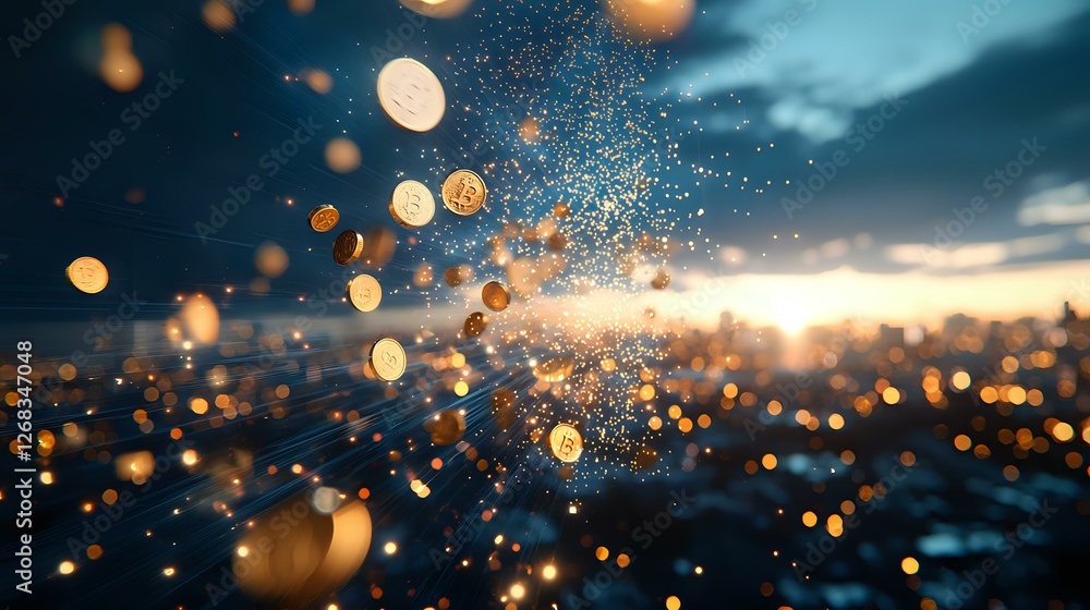 Poster magical sunset cityscape with glowing golden bokeh particles floating in foreground creating dreamy 