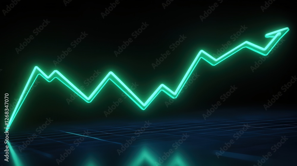 Poster neon bitcoin value chart, with a rising green line graph pointing upward, representing the surge in 
