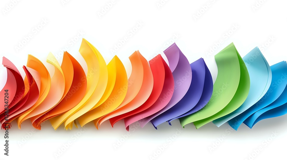 Poster Colorful curved paper sheets arranged in rainbow spectrum order creating dynamic wave pattern on white background. Isolated design element.