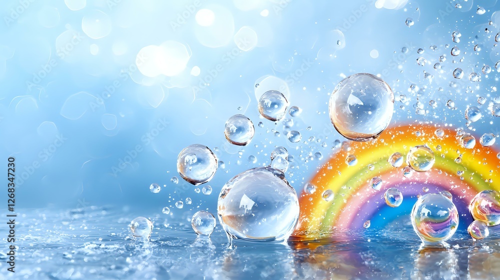 Poster crystal clear water drops and rainbow reflections create magical atmosphere against soft blue backgr