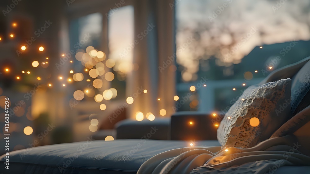 Aufkleber cozy winter evening with warm glowing lights and bokeh effect through window, soft bed with pillows 