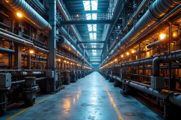 Fototapeta premium Industrial Power Plant Interior with Pipes and Machinery